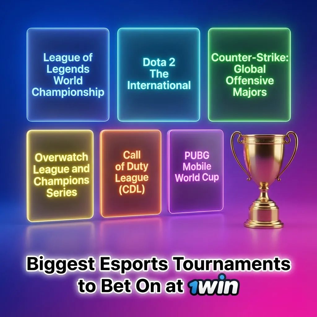 Table of biggest esports tournaments for betting on 1win, listing major events for Dota 2, CS2, LoL, Valorant and more.