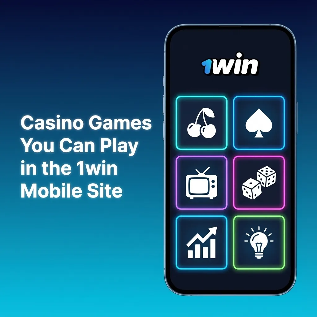 Smartphone showing 1win mobile casino lobby with slots, roulette, blackjack, live dealer tables, and game show titles