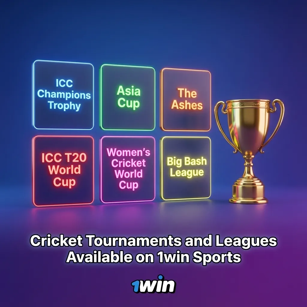 Cricket betting interface on 1win Sports showing ICC events, Test series, and major T20 leagues for Filipino players
