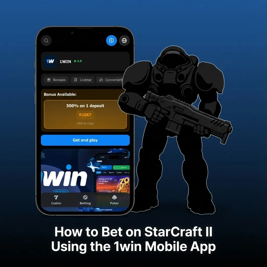 Phone screen showing 1win app StarCraft II betting steps, with PHP currency and live esports odds for Philippine users