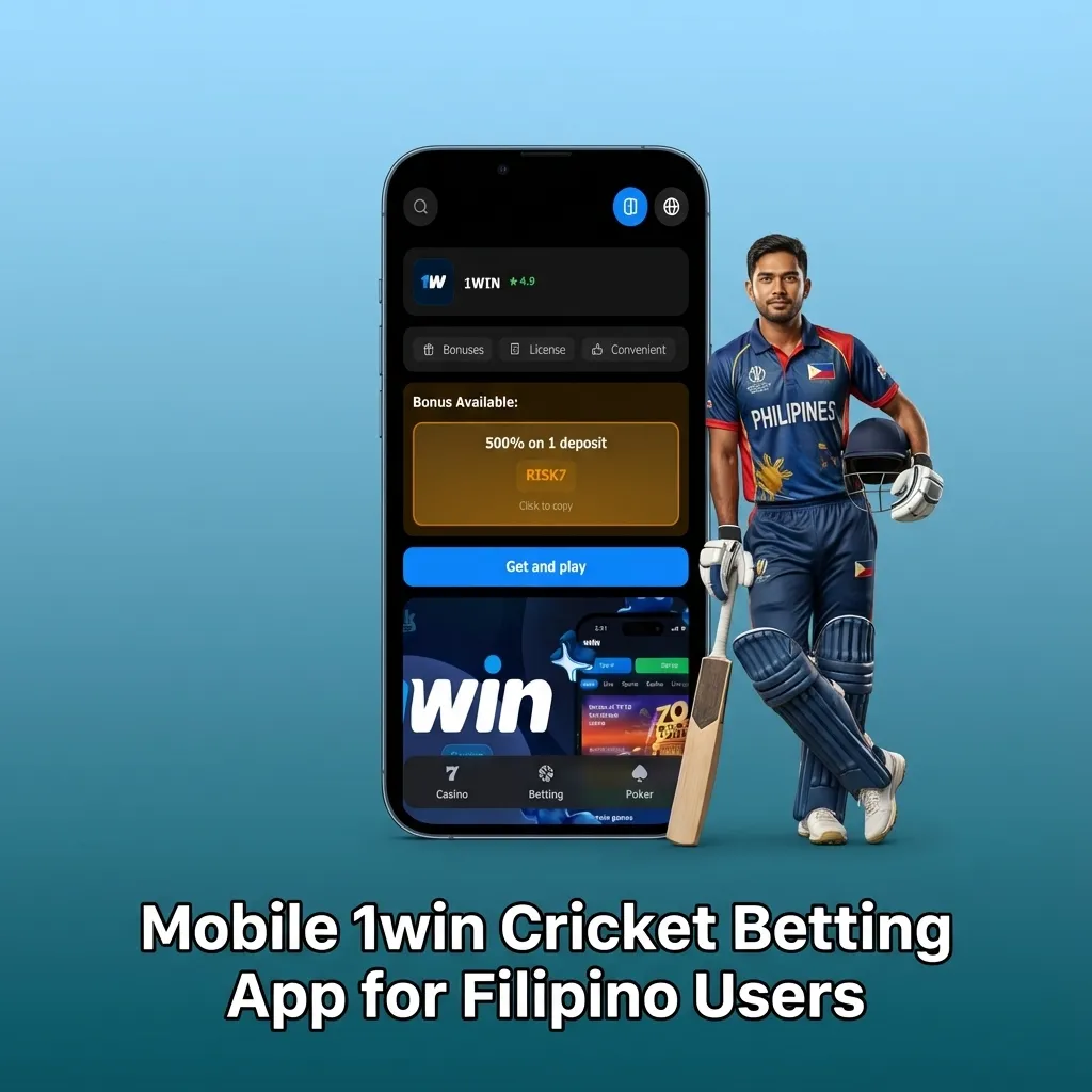 Smartphone showing 1win cricket betting app interface for Filipino users, with options for pre-match and live in-play bets.