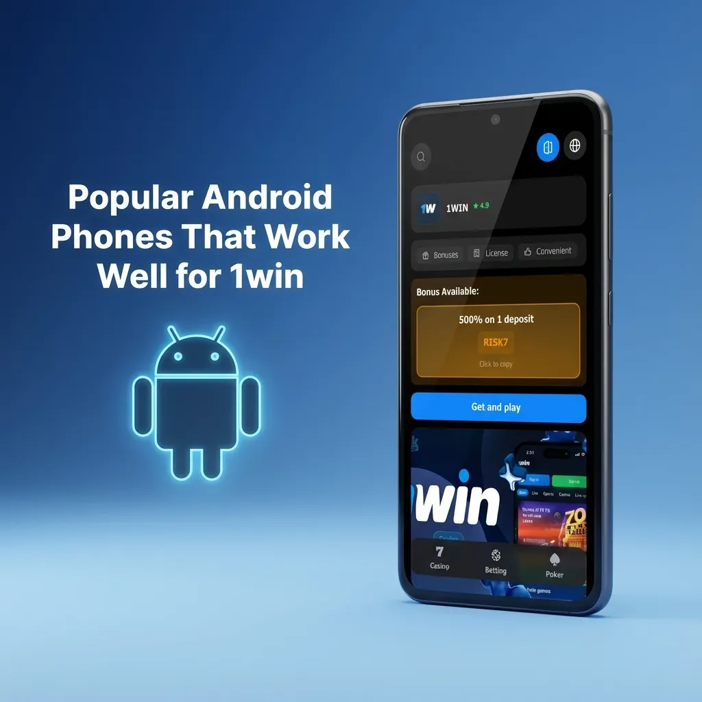 Collage of popular Android phones like Samsung, Xiaomi, realme and Pixel models compatible with the 1win mobile web app