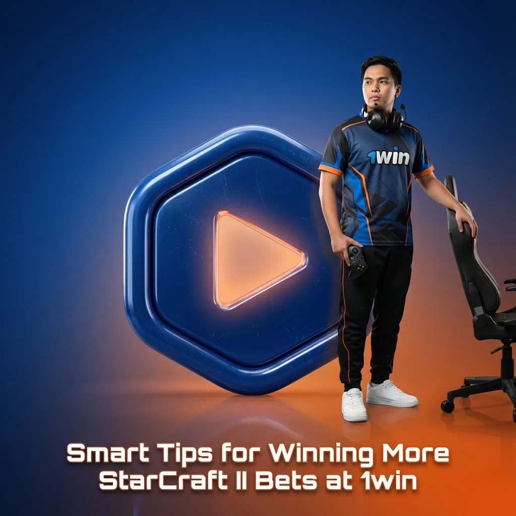 StarCraft II betting tips at 1win shown with Terran, Zerg, Protoss icons and bankroll, stats, maps, and live match visuals